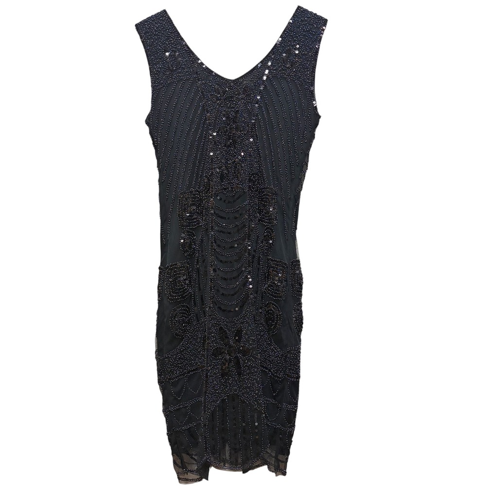 PrettyGuide Black Sequin Beaded Art Deco Flapper Dress Size M Great Gatsby